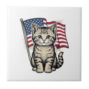 Gato Patriótico com Vetor Vintage de Bandeira Amer