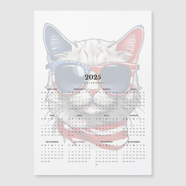 Gato Patriótico Vermelho Branco Azul 2025 Calendár (Frente)