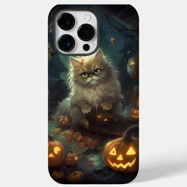 Gato Persa do Halloween Com Pumpkins Assustado (Verso)