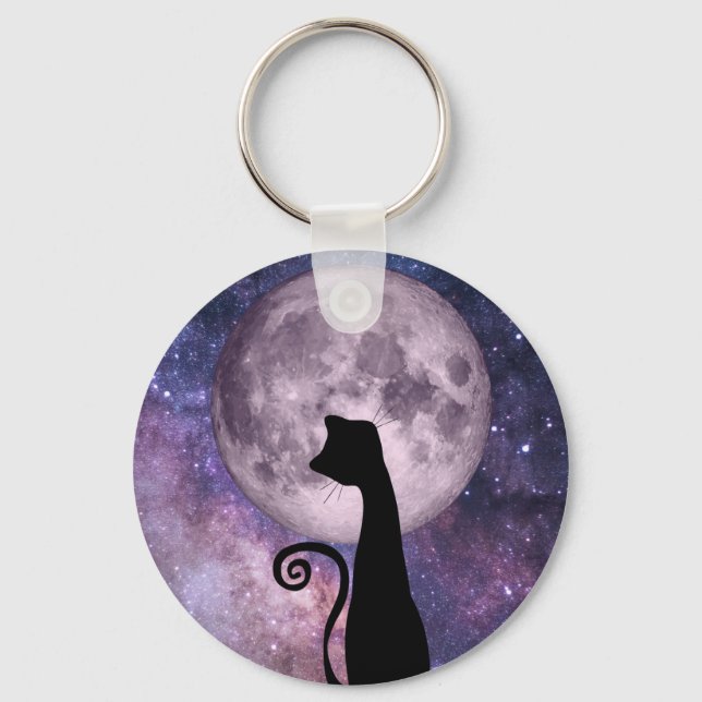 Gato Preto à Lua em Chaveiro rosa e roxo (Frente)