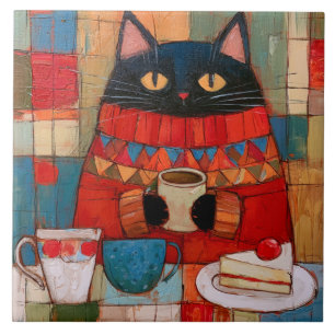 Gato Preto Aconchegante Bebendo Café No Café