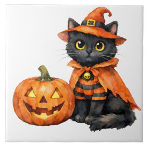 Gato preto aquarela em fantasia de Halloween