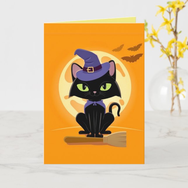 Gato Preto Bonito no Cartão de Vassoura-de-Hallowe (Flor Amarela)