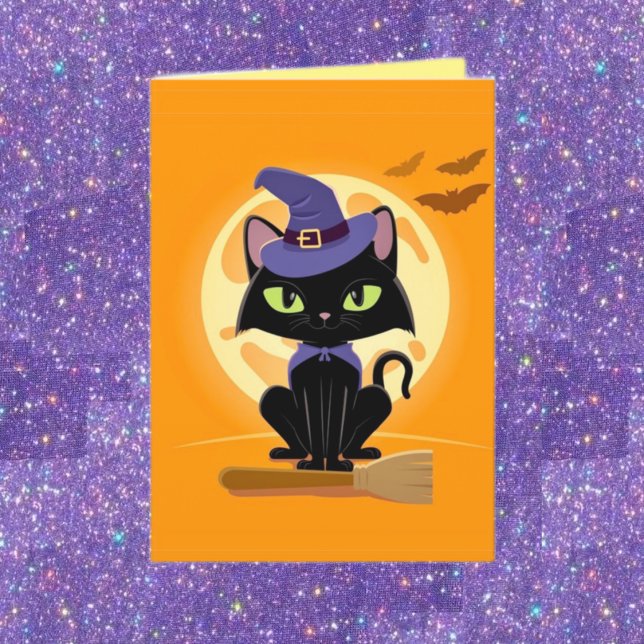 Gato Preto Bonito no Cartão de Vassoura-de-Hallowe (Criador carregado)