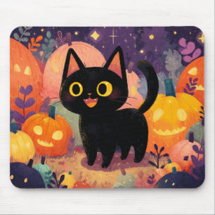 Gato Preto Cinto com Jack-o-Lanternas - Mousepad