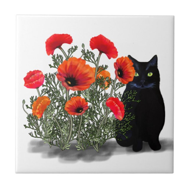 Gato Preto com Azulejo de Poppies (Frente)