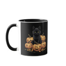 Gato preto com caneca de abóbora
