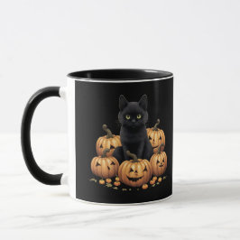 Gato preto com caneca de abóbora