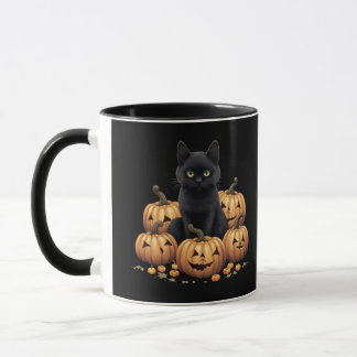Gato preto com caneca de abóbora