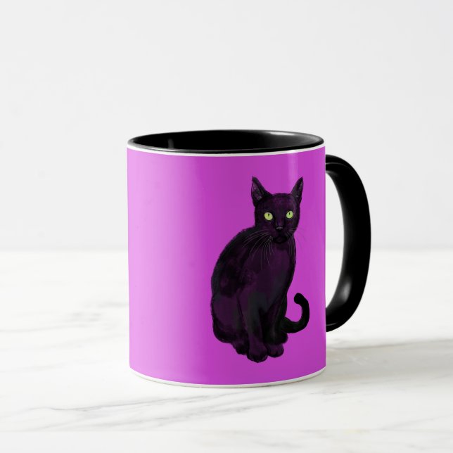 Gato preto com caneca de fundo fuchsia (Frente Esquerda)