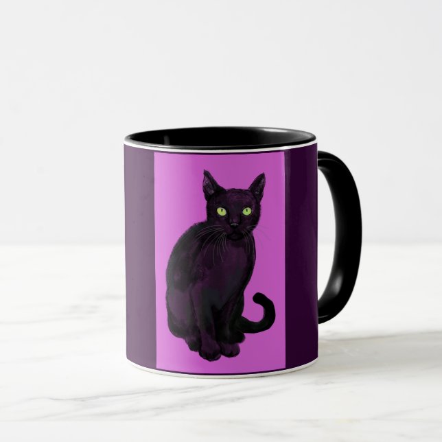 Gato preto com caneca de fundo fuchsia (Frente Esquerda)