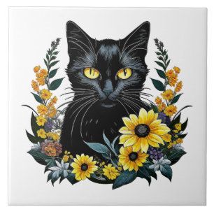 gato preto com flores