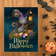 Gato Preto de Aquarela com doces, Halloween