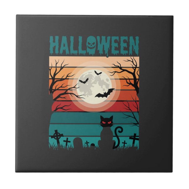 Gato Preto De Halloween Lua Cemitério Vetor Retro  (Frente)