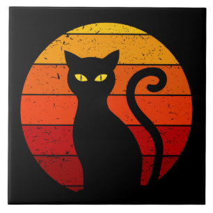 Gato Preto de Halloween no Pôr do Sol Vintage Retr