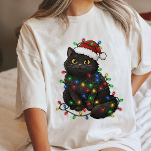 Gato Preto de Natal Fofo Enroscado em Luzes
