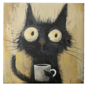Gato Preto Desgrenhado com Café em Marrom Grunge