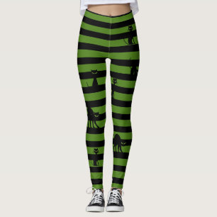 Gato Preto do Halloween e Leggings Verde-Oliva