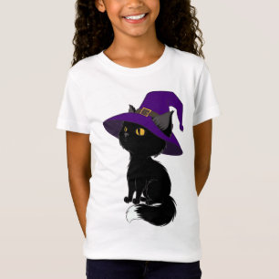Gato preto do Halloween na camiseta de chapéu de b