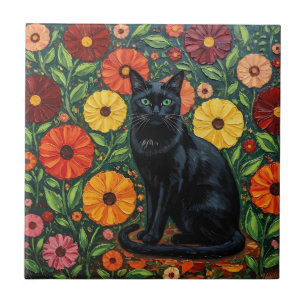 Gato Preto e Flores de Arte Popular Colorida