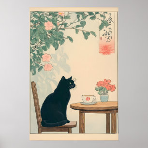 Gato Preto e Impressão de Café Ukiyo-e Arte Japand
