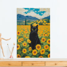 Gato Preto em Campo de Girassóis Impressão em Tela