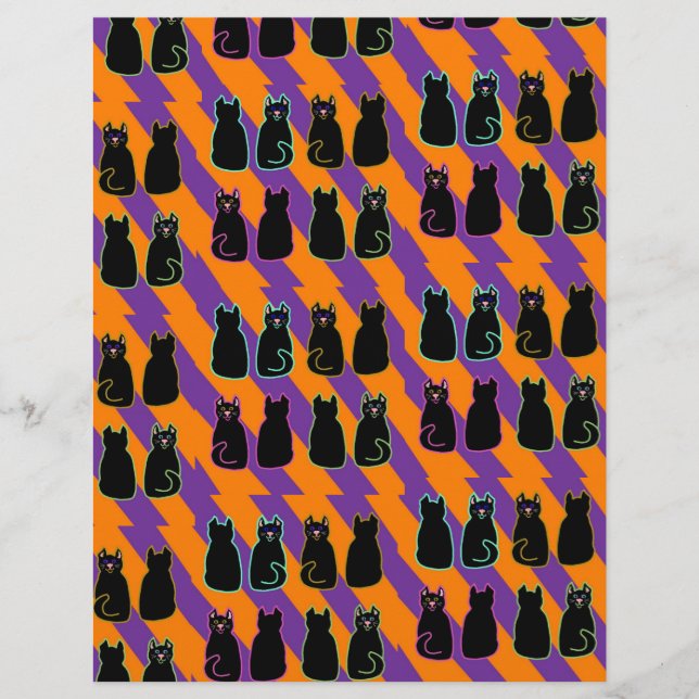 Gato preto em páginas de listras laranja e roxo (Frente)