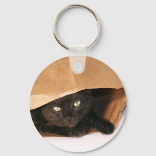 Gato preto em um chaveiro do saco