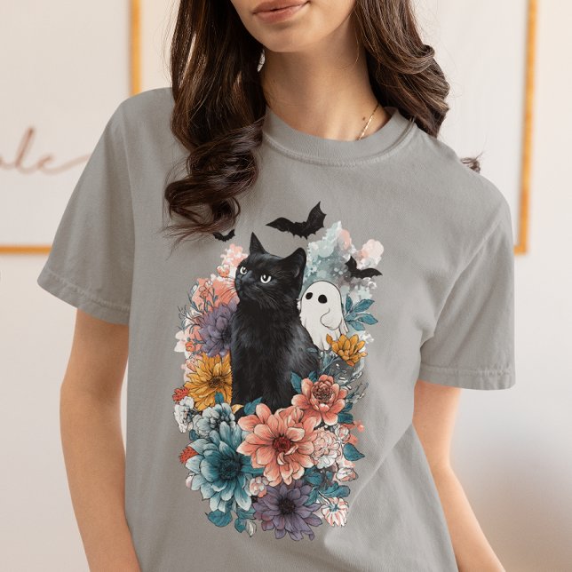 Gato Preto Fantasma Halloween floral (Criador carregado)
