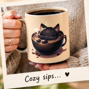 Gato preto fofo nada na caneca de café. Caneca