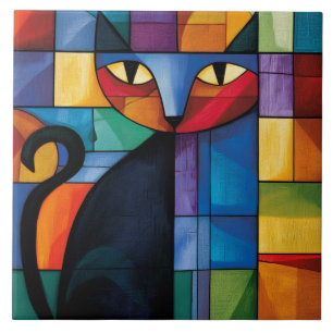 Gato Preto Geométrico Vidro Pintado em Grade