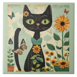 Gato preto, girassóis, borboletas, arte nativa