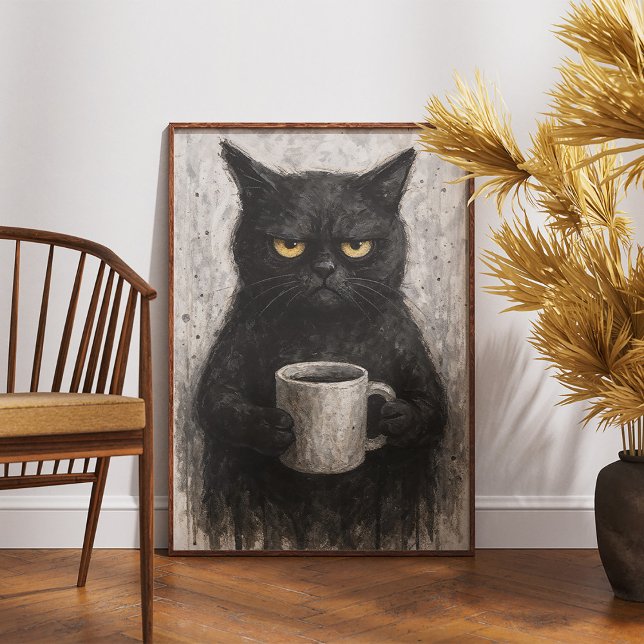 Gato Preto Grumado Com Poster De Arte De Café (Criador carregado)