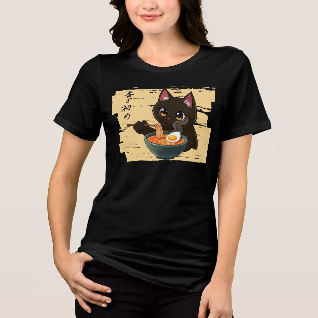 Gato Preto Kawaii Comendo Ramen – Comida Japonesa  (Frente)