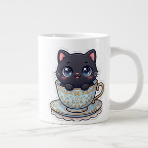 Gato Preto Kawaii Fofo em Xícara de Chá Floral Vin