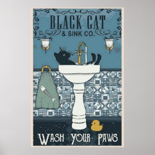 Gato Preto Lave Seu Poster