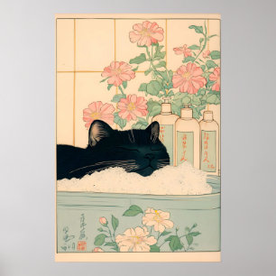 Gato Preto na Banheira Impressão de Banheiro Japon