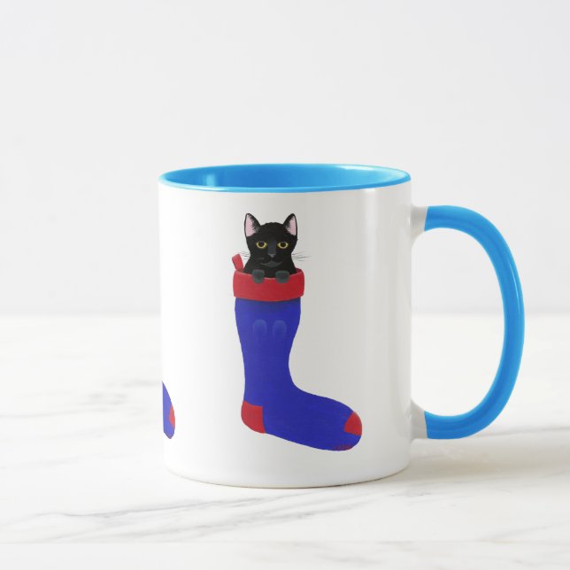 Gato Preto na Caneca de Natal Azul (Direita)
