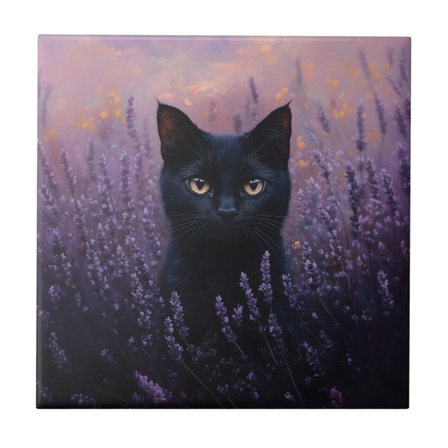 Gato Preto numa Ilustração de Campo de Lavanda (Frente)