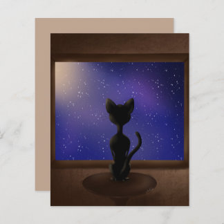 Gato preto olhando pela janela céu noturno estrela