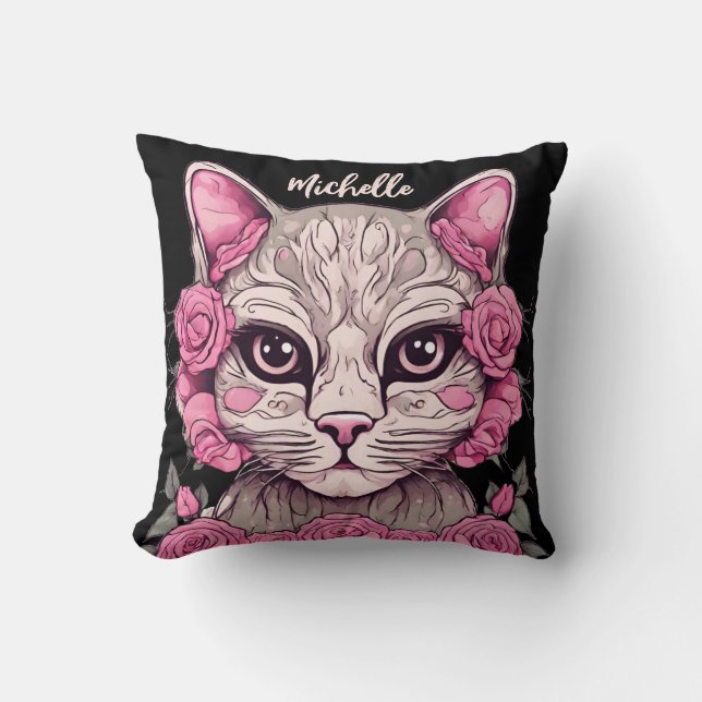 Gato Rosa com Almofada Floral de Decoração de Casa (Frente)