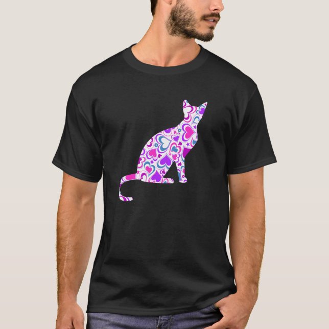 Gato Roxo Rosa com Corações, Camisa Manga Longa de (Frente)