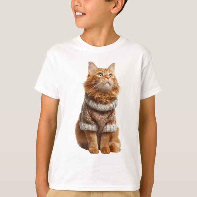 Gato Ruivo de Cabelo Comprido em Suéter de Outono  (Frente)