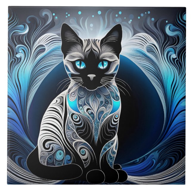 Gato siamês, abstrato preto azul e branco (Frente)
