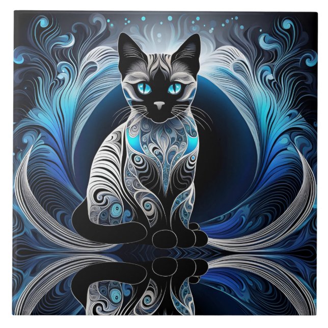 Gato siamês, abstrato preto azul e branco (Frente)