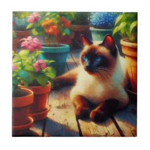 Gato Siamês na Pintura do Óleo de Jardim