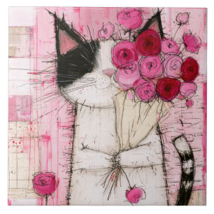 Gato Smoking Holding Buquê de Rosa Rosa