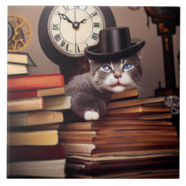 Gato steampunk com azulejo cerâmico de livros