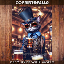 Gato steampunk com cartola e óculos bebendo cervej