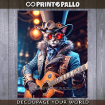 Gato steampunk com cartola e óculos tocando violão